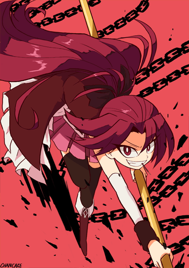 1girl artist_name boots candy chain chancake clenched_teeth detached_sleeves eyebrows_visible_through_hair eyelashes eyes_visible_through_hair fighting_stance floating_hair food food_in_mouth frown grin holding holding_spear holding_weapon knee_boots long_hair looking_at_viewer mahou_shoujo_madoka_magica pleated_skirt pocky polearm ponytail red_background red_eyes red_footwear red_hair red_shirt red_skirt red_theme sakura_kyouko shiny shiny_hair shirt sidelocks simple_background skirt smile solo spear standing standing_on_one_leg teeth v-shaped_eyebrows weapon