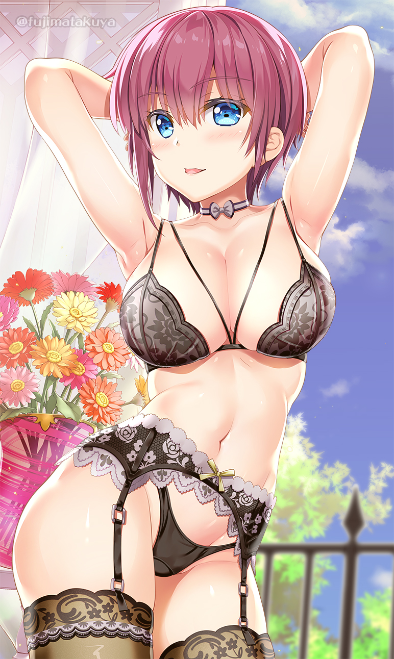 1girl armpits arms_behind_head arms_up bangs black_bra black_panties blue_eyes blush bow bow_choker bra brown_legwear choker collarbone cowgirl_position curtains day eyebrows_visible_through_hair flower fujima_takuya garter_belt go-toubun_no_hanayome highres indoors nakano_miku navel panties parted_lips pink_hair short_hair smile solo stomach straddling thighhighs twitter_username underwear underwear_only vase white_bow white_choker window