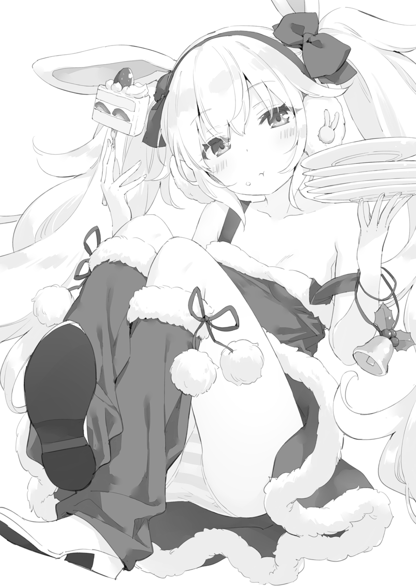 1girl :t animal_ears azur_lane bangs bare_shoulders bell blush bow breasts bunny_ears cake closed_mouth commentary_request dress earmuffs eating eyebrows_visible_through_hair food food_on_face fork fruit fur-trimmed_dress fur-trimmed_legwear fur_trim greyscale hair_between_eyes hair_bow highres holding holding_fork holding_plate knees_up laffey_(azur_lane) long_hair monochrome panties peko plate shoe_soles shoes simple_background sleeveless sleeveless_dress slice_of_cake small_breasts solo strap_slip strawberry striped striped_panties twintails underwear very_long_hair white_background