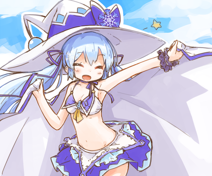 1girl adapted_costume alternate_costume armpits bikini blue_sky bow breasts cape cape_lift closed_eyes cloud cloudy_sky commentary cowboy_shot day dera_fury facing_viewer hair_ribbon hat hat_bow hatsune_miku holding_cape large_hat layered_bikini light_blue_hair long_hair open_mouth outdoors ribbon scrunchie sky small_breasts smile snowflake_print star swimsuit twintails very_long_hair vocaloid white_bikini_top witch_hat wrist_scrunchie yuki_miku_(2014)