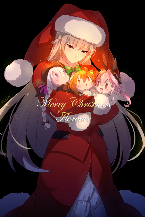 1girl astolfo_(fate) astolfo_(saber)_(fate) black_background blush braid character_doll christmas cis05 closed_mouth commentary_request doll dress english_text eyebrows_visible_through_hair fate/grand_order fate_(series) florence_nightingale_(fate/grand_order) florence_nightingale_santa_(fate/grand_order) french_braid fujimaru_ritsuka_(female) gloves hair_between_eyes hair_ribbon hat holding holding_doll hug long_hair nursery_rhyme_(fate/extra) pink_hair red_dress red_eyes ribbon santa_costume santa_hat simple_background smile solo twitter_username white_gloves
