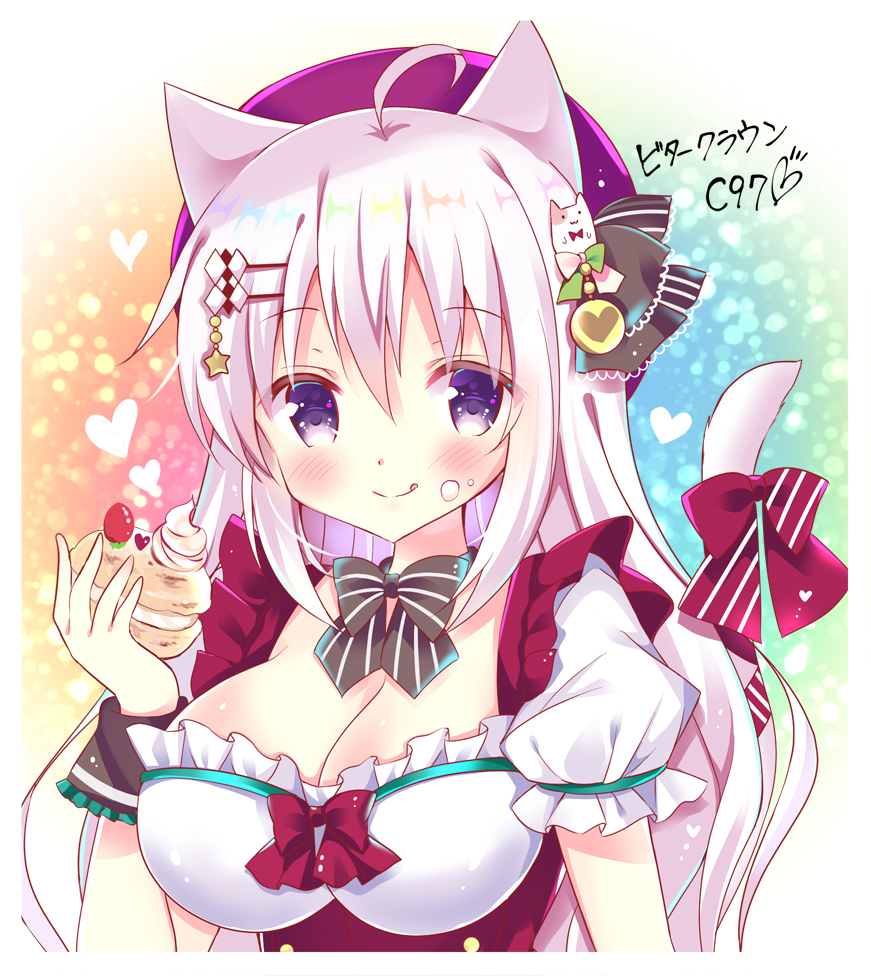 1girl :q ahoge animal_ears beret bitter_crown blush bow breasts cat_ears cat_girl cat_tail cleavage closed_mouth commentary_request cream cream_on_face diagonal_stripes food food_on_face hair_ornament hairclip hand_up hat heart holding holding_food long_hair medium_breasts original puffy_short_sleeves puffy_sleeves purple_headwear red_bow shirt short_sleeves smile solo striped sweets tail tail_bow tail_raised tongue tongue_out translation_request upper_body white_hair white_shirt wrist_cuffs