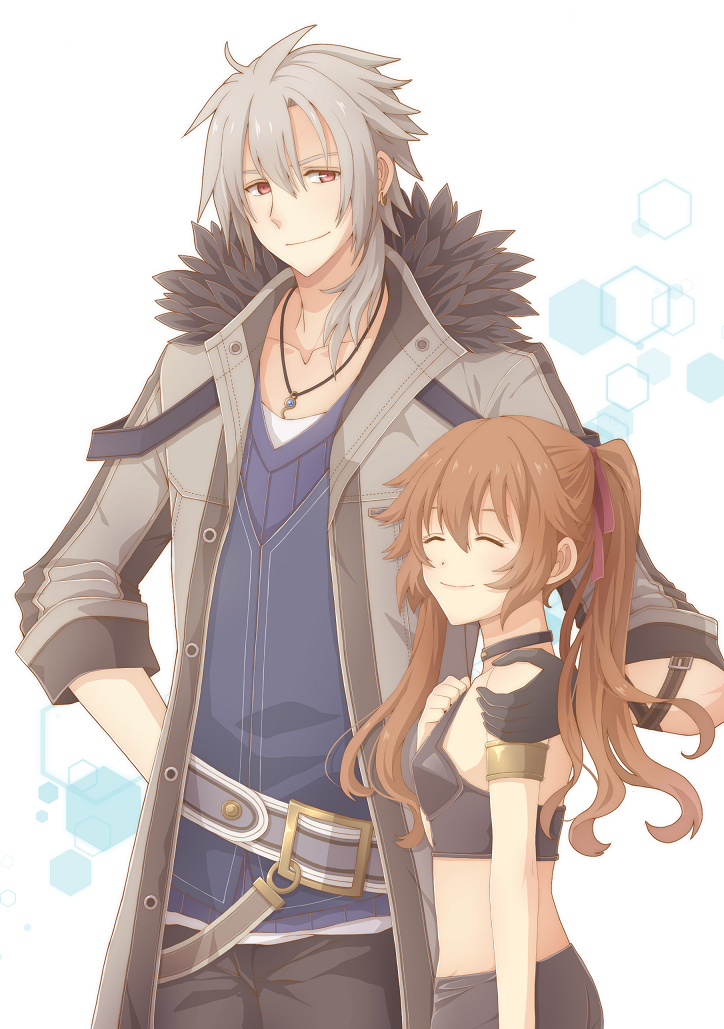 1boy 1girl aono_(aonocrotowa) armlet black_pants blue_shirt brown_hair closed_eyes closed_mouth coat collarbone crop_top eiyuu_densetsu grey_coat hair_ribbon hand_on_another's_shoulder hand_on_hip jewelry long_hair long_sleeves midriff necklace open_clothes open_coat pants rean_schwartzer red_eyes red_ribbon ribbon sen_no_kiseki shirt silver_hair simple_background smile towa_herschel twintails very_long_hair white_background