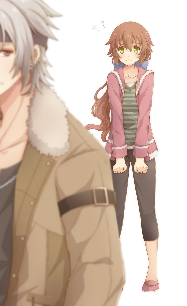 1boy 1girl aono_(aonocrotowa) black_headband black_pants blue_bow blurry_foreground blush bow brown_coat brown_hair closed_mouth coat earrings eiyuu_densetsu floating_hair frown fur-trimmed_coat fur_trim green_eyes green_shirt hair_between_eyes hair_bow headband highres jacket jewelry long_hair long_sleeves necklace open_clothes open_coat open_jacket pants pink_jacket rean_schwartzer red_eyes sen_no_kiseki shiny shiny_hair shirt silver_hair simple_background striped striped_shirt towa_herschel very_long_hair white_background