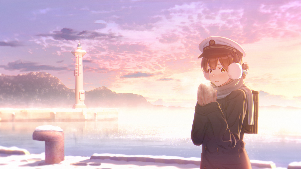 1girl alternate_costume backpack bag bangs black_coat black_hair blue_ribbon breath brown_eyes cloud commentary_request earmuffs folded_ponytail gradient_sky hair_ribbon hat kantai_collection kasuga_maru_(kantai_collection) key_kun lighthouse long_hair mittens outdoors peaked_cap ribbon scenery sky solo sunrise swept_bangs taiyou_(kantai_collection) white_headwear winter_clothes