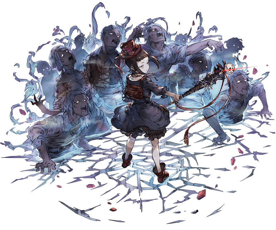 1girl back backpack bag bangs belt black_bloomers black_dress black_hair bone closed_mouth closed_umbrella crack cygames dress full_body glowing glowing_eyes hat holding holding_umbrella looking_to_the_side medium_hair minaba_hideo official_art open_mouth parted_bangs red_headwear rita_(shingeki_no_bahamut:_genesis) shingeki_no_bahamut short_sleeves simple_background skull solo standing transparent_background umbrella white_background zombie