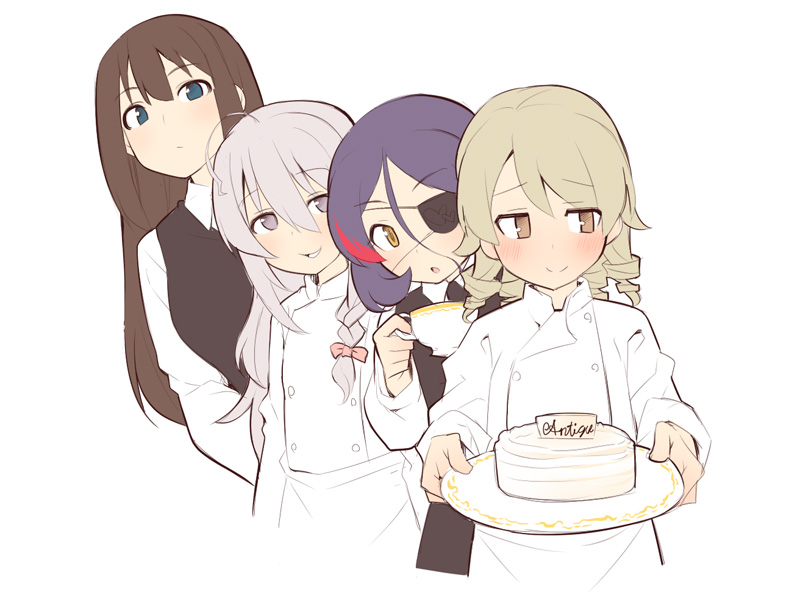 4girls :o ahoge bangs black_vest blue_eyes blush bow braid brown_eyes brown_hair cake chef_uniform collared_shirt cropped_torso cup eyebrows_visible_through_hair eyepatch food grey_eyes grey_hair hair_between_eyes hair_bow hayasaka_mirei holding holding_cup holding_plate hoshi_shouko idolmaster idolmaster_cinderella_girls long_hair morikubo_nono multicolored_hair multiple_girls parted_lips pink_bow plate purple_hair red_hair shibuya_rin shirt simple_background streaked_hair ushi very_long_hair vest white_background white_shirt