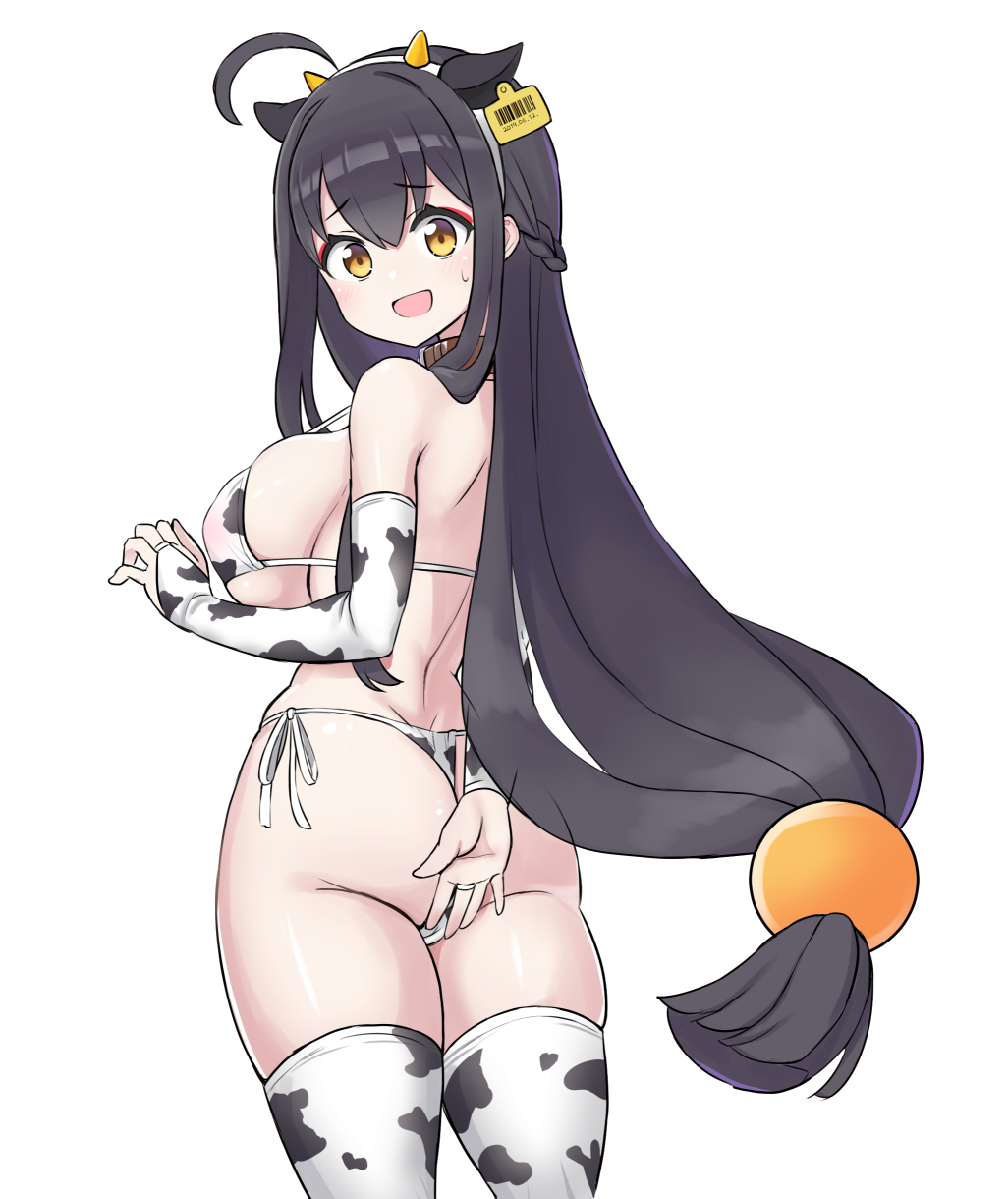 1girl ahoge animal_costume animal_ears animal_print ara_haan ass bikini black_hair blush braid breasts bridal_gauntlets collar covered_nipples covering covering_ass cow_costume cow_ears cow_girl cow_print cowboy_shot elsword embarrassed eyebrows_visible_through_hair hair_ornament haun_(exodinary) highres horns large_breasts long_hair looking_at_viewer open_mouth side-tie_bikini smile solo swimsuit tag thighhighs very_long_hair yellow_eyes