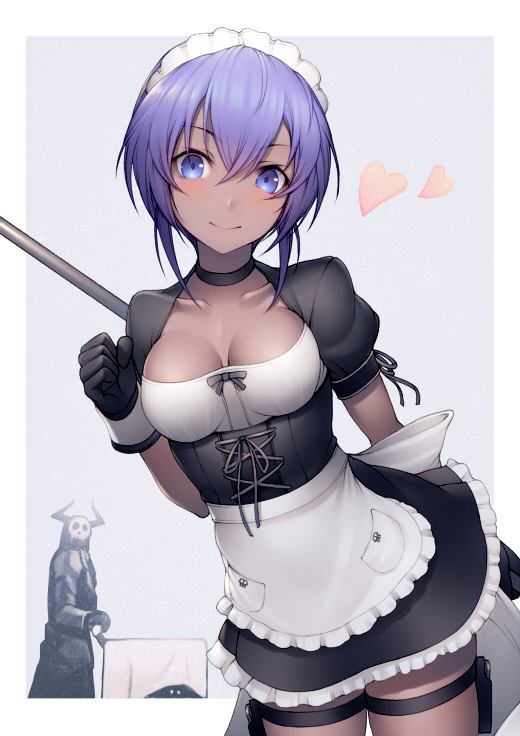 1boy 1girl alternate_costume apron banned_artist black_choker black_dress black_gloves blue_eyes blush border breasts broom choker cleavage closed_mouth collarbone commentary_request cowboy_shot dark_skin dress enmaided fate/grand_order fate_(series) frilled_apron frilled_dress frills gloves grey_background hassan_of_serenity_(fate) heart holster horns king_hassan_(fate/grand_order) kyoeiki looking_at_viewer maid maid_headdress medium_breasts outside_border purple_hair short_hair short_sleeves skull_mask smile solo_focus thigh_holster thigh_strap underbust waist_apron white_apron white_border