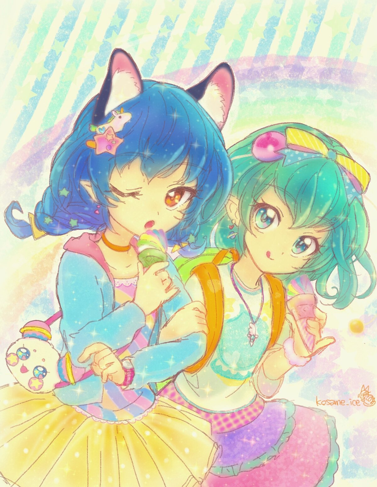 2girls :q animal_ears arm_grab artist_logo backpack bag bangs blue_hair blue_jacket bow braid cat_ears choker commentary earrings extra_ears eyebrows_visible_through_hair food green_eyes green_hair hagoromo_lala hair_bow hair_ornament handbag highres holding holding_food ice_cream_cone jacket jewelry kosame_koori layered_skirt leaning_forward licking_lips long_hair looking_at_viewer medium_hair multicolored_bow multicolored_shirt multiple_girls necklace one_eye_closed open_mouth orange_choker pointy_ears precure print_shirt purple_skirt rainbow shirt single_braid skirt smile sparkle standing star star_hair_ornament star_twinkle_precure starry_background tongue tongue_out twitter_username watch white_shirt wristwatch yellow_skirt yuni_(precure)