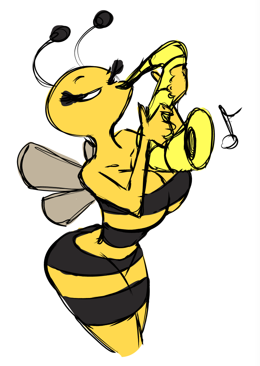 antennae_(anatomy) anthro arthropod bee big_breasts breasts butt clothed clothing do_you_like_jazz? dress female holding_musical_instrument holding_object huge_breasts humanoid hymenopteran insect insect_wings it's_hip_to_fuck_bees jazz kevemperor musical_instrument non-mammal_breasts not_furry playing_music russia russian_cooking_oil_commercial saxophone simple_background sketch smile solo standing thick_thighs white_background wide_hips wind_instrument wings woodwind_instrument xelbaxexilex олейна