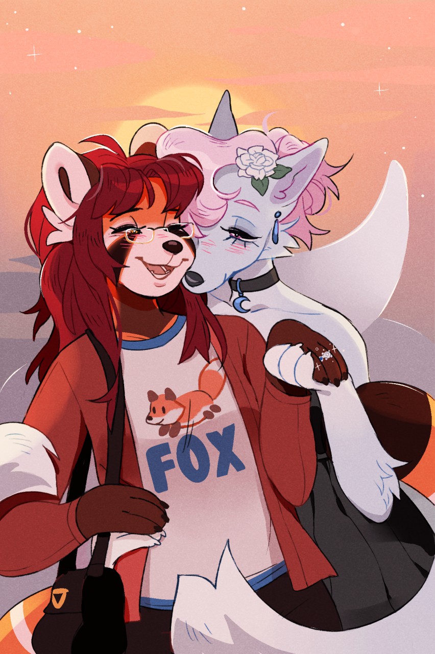 ailurid anthro canid canine choker clothed clothing couple_(disambiguation) digital_media_(artwork) duo eyewear female fur glasses hair jewelry mammal megumigoo necklace open_mouth red_panda teeth tongue