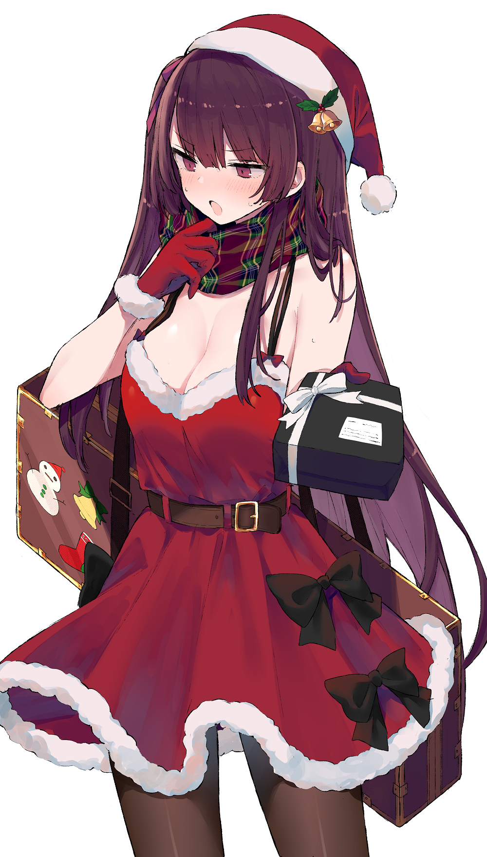 1girl :o alternate_costume bare_shoulders bell belt belt_buckle black_bow blush bow box breasts brown_legwear buckle cleavage dress fur-trimmed_dress fur-trimmed_gloves fur_trim gift gift_box girls_frontline gloves hat highres holding holding_gift holly large_breasts long_hair looking_away looking_down mimelond multicolored multicolored_clothes multicolored_scarf one_side_up open_mouth pantyhose plaid plaid_scarf pov purple_eyes purple_hair red_dress red_gloves ribbon santa_costume santa_hat scarf simple_background sleeveless sleeveless_dress solo standing straight_hair sweat very_long_hair wa2000_(girls_frontline) weapon_bag white_background white_ribbon