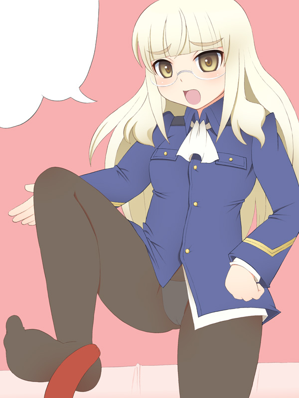 bad_feet blonde_hair feet glasses hot_dog implied_footjob kurappii long_hair panties panties_under_pantyhose pantyhose perrine_h_clostermann sexually_suggestive solo strike_witches underwear world_witches_series yellow_eyes