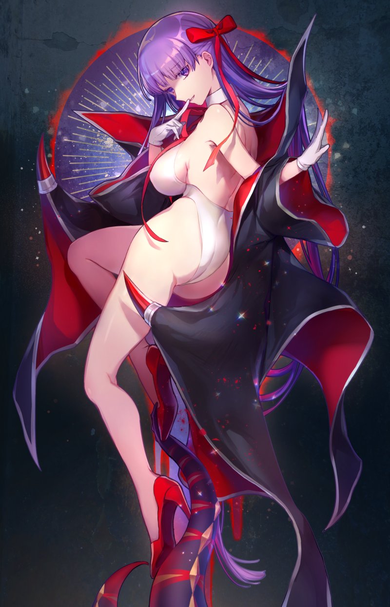 1girl ass bare_back bare_legs bb_(fate)_(all) bb_(swimsuit_mooncancer)_(fate) bow breasts cape commentary_request eyebrows_visible_through_hair fate/grand_order fate_(series) finger_to_mouth gloves hair_bow high_heels highres large_breasts long_hair looking_at_viewer purple_eyes purple_hair red_footwear red_ribbon ribbon smile solo swimsuit very_long_hair vivivivi white_gloves white_swimsuit
