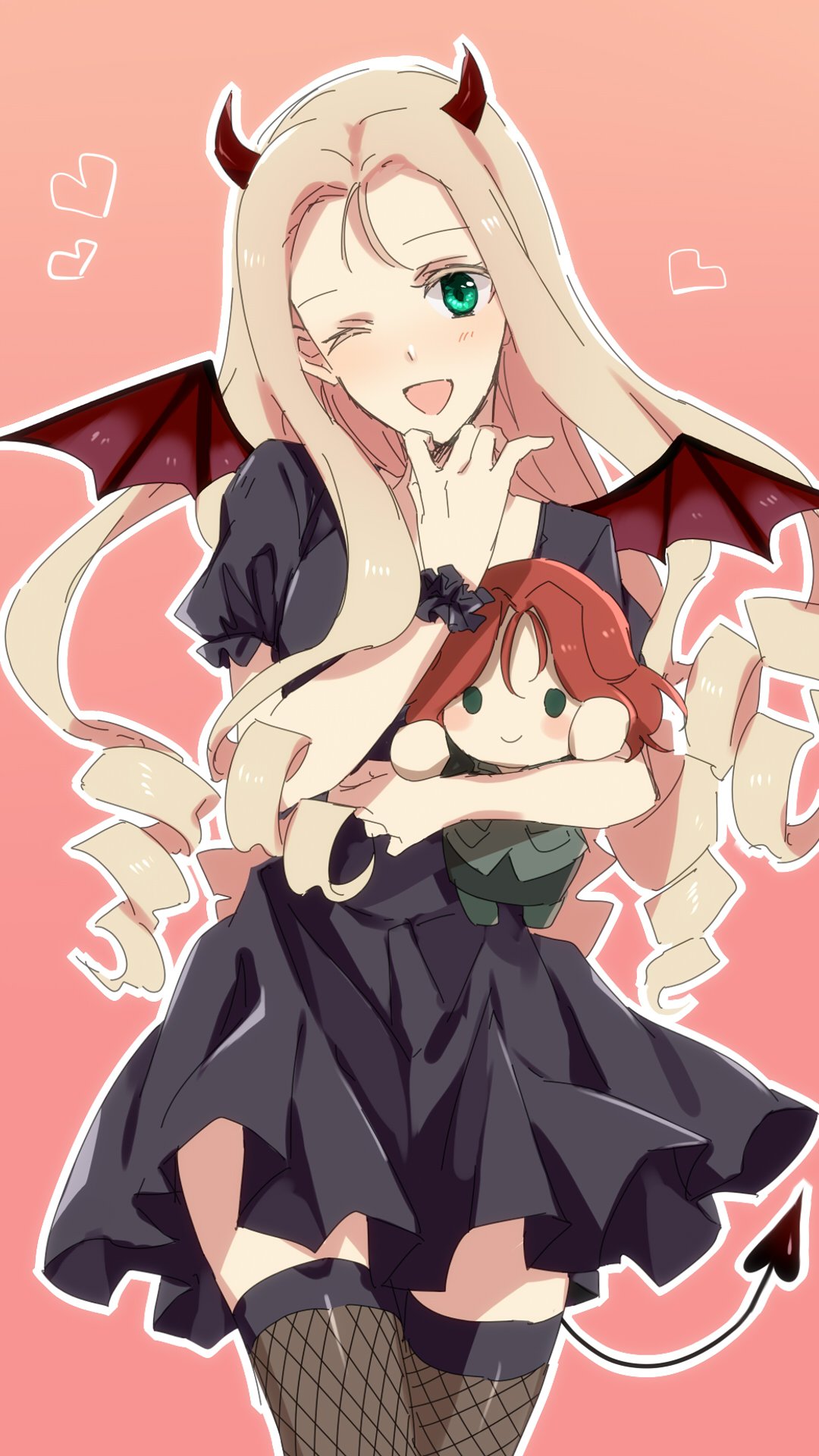 1girl ;d amazuki_jou bat_wings black_dress black_legwear black_scrunchie black_wings blonde_hair blush character_doll chin_grab commentary_request cowboy_shot demon_horns demon_tail doll dress drill_hair fishnet_legwear fishnets frilled_sleeves frills girls_und_panzer green_eyes heart highres holding holding_doll horns long_hair looking_at_viewer marie_(girls_und_panzer) one_eye_closed open_mouth outline pink_background school_connection scrunchie selection_university_military_uniform short_dress short_sleeves simple_background smile solo standing tail thighhighs white_outline wings wrist_scrunchie