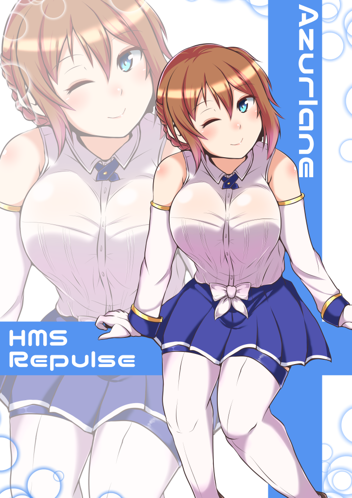 1girl alternate_costume alternate_hairstyle azur_lane braid breasts character_name commentary_request detached_sleeves french_braid large_breasts one_eye_closed repulse_(azur_lane) see-through sekitaku smile solo thighhighs