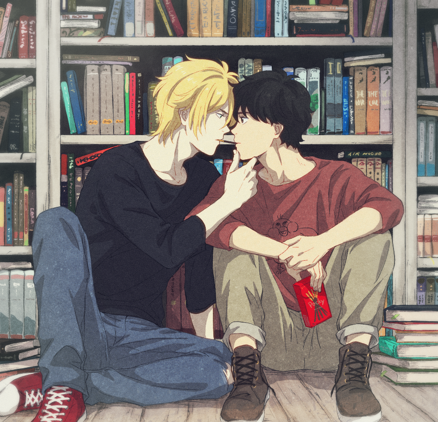 2boys ash_lynx banana_fish black_hair blonde_hair book bookshelf brown_eyes denim eye_contact food green_eyes hand_on_another's_chin jeans looking_at_another male_focus multiple_boys okumura_eiji pants pocky pocky_kiss sawa_nya shared_food shoes sitting sneakers yaoi