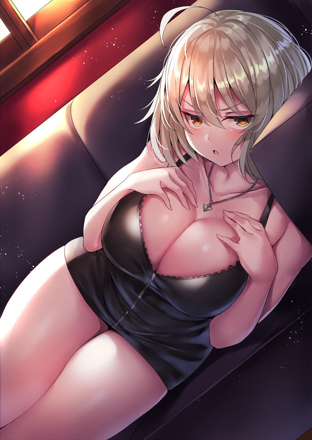 1girl ahoge bangs bare_shoulders beeyan black_dress blush breasts cleavage collarbone couch dress fate/grand_order fate_(series) hair_between_eyes hands_on_own_chest highres jeanne_d'arc_(alter)_(fate) jeanne_d'arc_(fate)_(all) jewelry large_breasts looking_at_viewer lying necklace on_side open_mouth short_dress short_hair silver_hair solo thighs wicked_dragon_witch_ver._shinjuku_1999 yellow_eyes