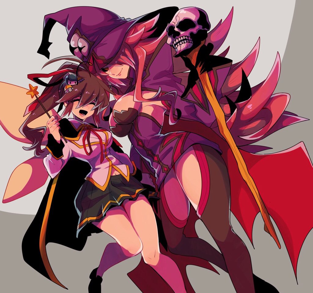 2girls ^_^ ahoge bangs bare_shoulders black_gloves black_sclera blazblue blonde_hair bow breasts brown_eyes brown_hair cane cape celica_a_mercury chibi cleavage closed_eyes detached_sleeves dress gloves hair_over_one_eye hair_ribbon halloween happy hat konoe_a_mercury large_breasts long_hair looking_at_viewer mako_gai medium_breasts minerva_(blazblue) multiple_girls navel pink_hair ponytail red_eyes ribbon school_uniform siblings simple_background sisters skirt skull smile thighhighs witch_hat yellow_eyes