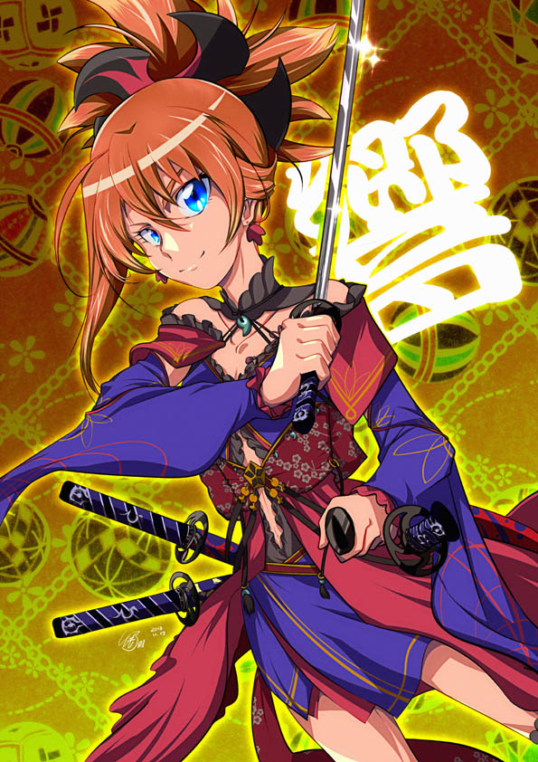 1girl asymmetrical_hair bangs blue_eyes blue_skirt blue_sleeves brown_hair choker closed_mouth collarbone contrapposto cosplay cowboy_shot detached_sleeves dutch_angle earrings hair_between_eyes holding holding_sheath holding_sword holding_weapon jewelry katana long_sleeves magatama_necklace miniskirt miyamoto_musashi_(fate/grand_order) miyamoto_musashi_(fate/grand_order)_(cosplay) precure sheath shiny shiny_hair short_hair skirt smile solo standing suite_precure sword tied_hair tomo5656ky weapon wide_sleeves