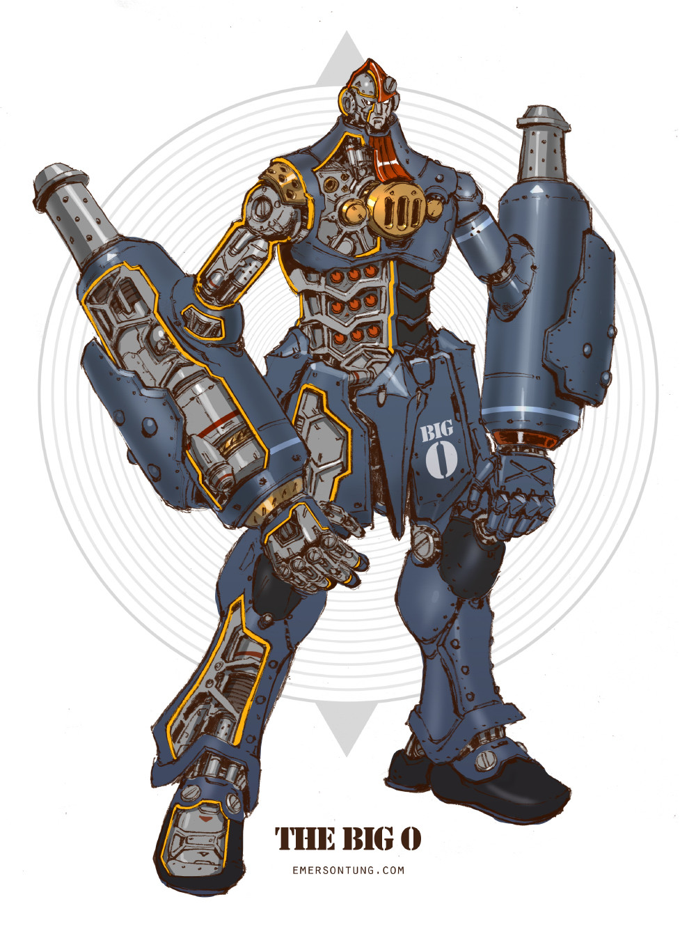 artist_name big_o_(mecha) character_name copyright_name emerson_tung highres mecha no_humans simple_background solo standing the_big_o watermark web_address