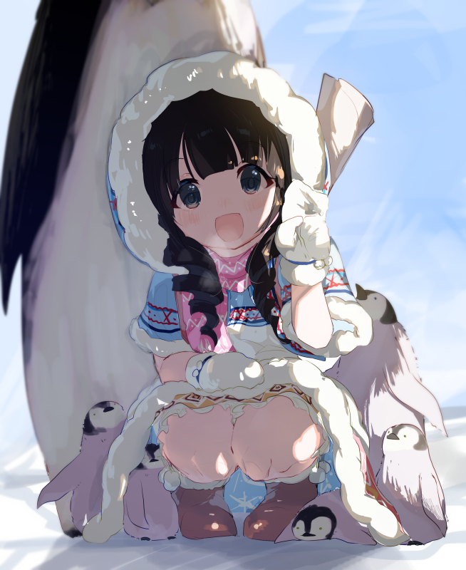 1girl :d animal artist_request backlighting bangs bird black_eyes black_hair blue_dress blue_sky blunt_bangs blush boots breath brown_footwear day dot_nose dress emperor_penguin frills fur-trimmed_boots fur-trimmed_dress fur-trimmed_hood fur-trimmed_sleeves fur_trim hand_up hood hood_up idolmaster idolmaster_cinderella_girls long_hair looking_at_viewer looking_up low_twintails mittens nose_blush open_mouth outdoors penguin pink_scarf pom_pom_(clothes) scarf short_sleeves sky smile snow solo squatting tareme twintails ujiie_mutsumi v white_mittens winter_clothes