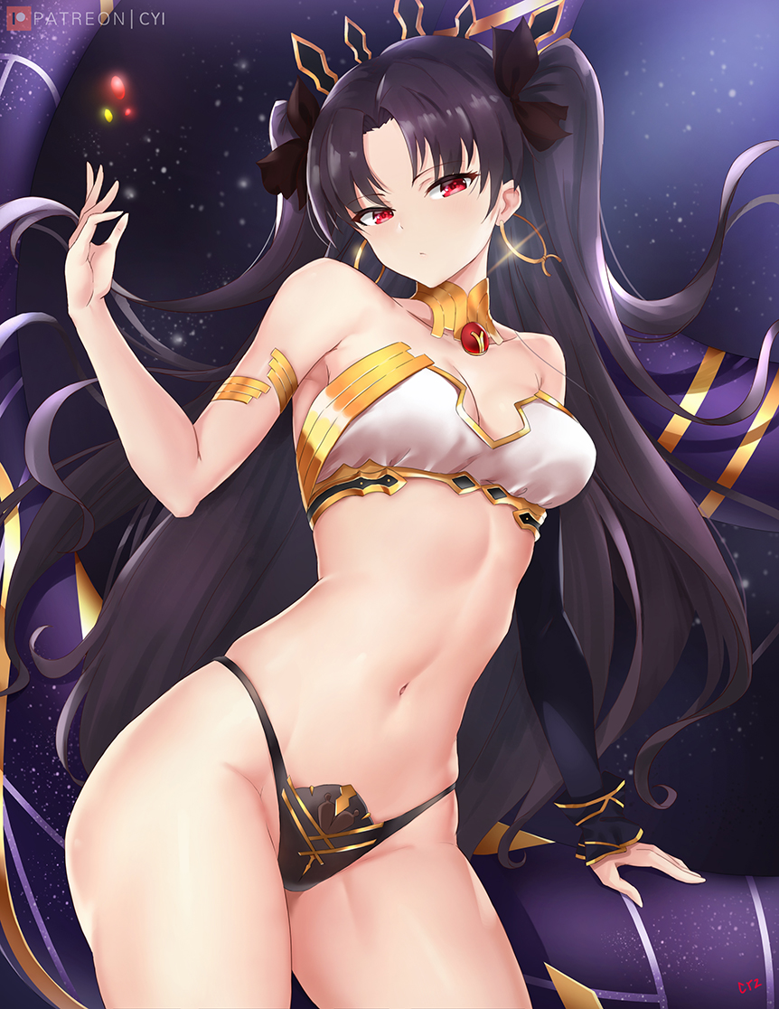 1girl armlet asymmetrical_sleeves bangs bikini black_bikini_bottom black_hair blush breasts cleavage cyicheng detached_collar earrings fate/grand_order fate_(series) heavenly_boat_maanna highleg highleg_bikini hoop_earrings ishtar_(fate/grand_order) jewelry long_hair looking_at_viewer medium_breasts navel neck_ring parted_bangs red_eyes solo swimsuit tiara two_side_up weapon white_bikini_top