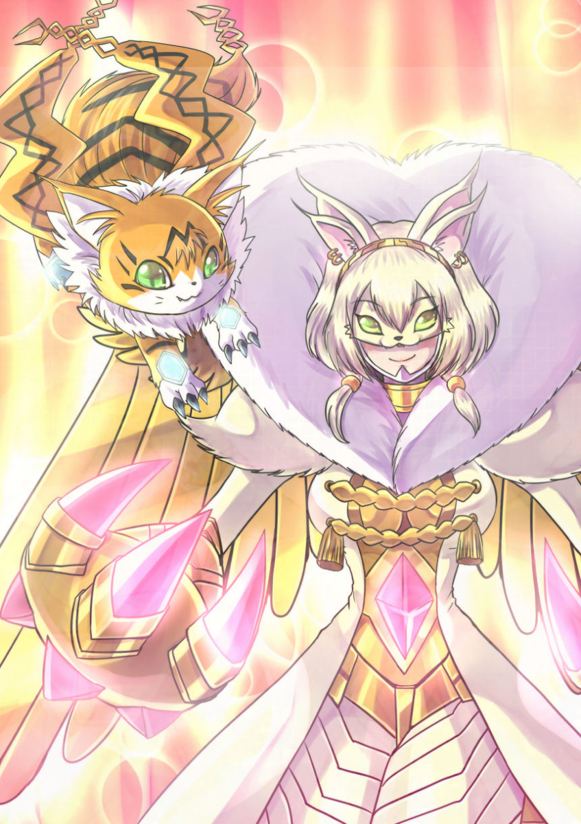 +_+ 1girl :3 animal_ear_fluff animal_ears bangs blonde_hair bob_cut breasts cat_ears choker claws commentary_request cowboy_shot digimon earrings extra_ears eyebrows_visible_through_hair fang fang_out fur fur_trim gem glowing green_eyes hair_between_eyes hair_ribbon highres holy_ring jewelry konna-nani large_breasts light_particles light_rays looking_at_another looking_at_viewer low_twintails mask meicoomon multicolored multicolored_background oversized_limbs rasielmon ribbon size_difference smile sunbeam sunlight twintails white_fur wings