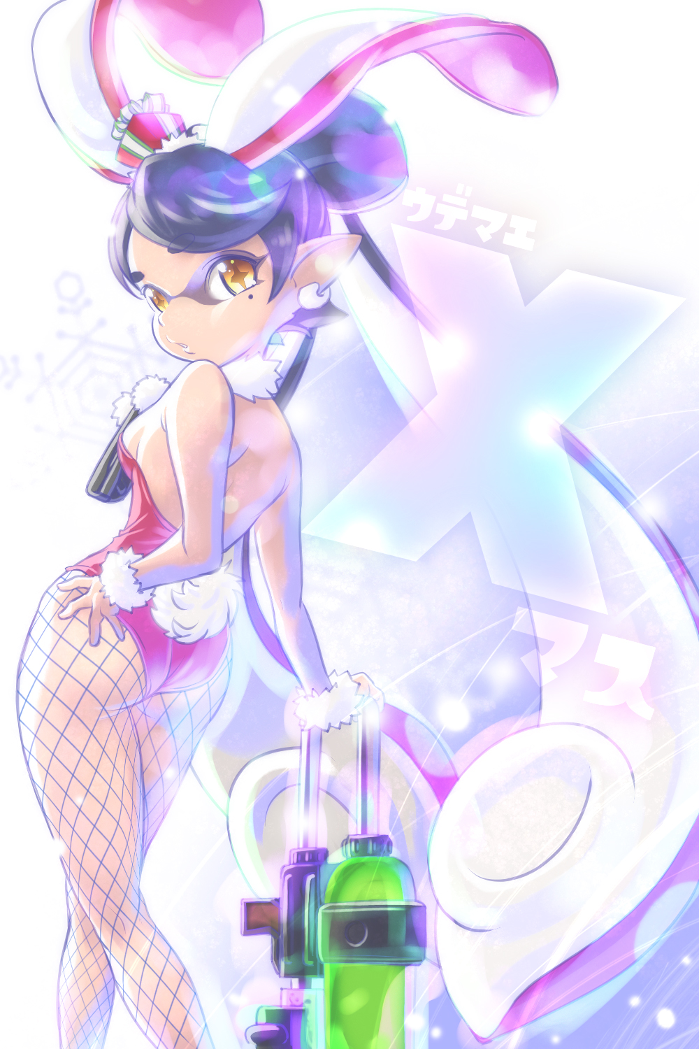 +_+ 1girl :o animal_ears aori_(splatoon) ass back bare_arms bare_shoulders black_hair box breasts bunny_ears bunny_girl bunny_tail bunnysuit contrapposto domino_mask earrings fake_animal_ears fake_tail feet_out_of_frame fishnet_legwear fishnets from_behind fur_collar gift gift_box hand_on_hip highres jewelry leaning_on_object leaning_on_weapon legs long_hair long_legs looking_at_viewer looking_back mask mole mole_under_eye object_on_head open_mouth orange_eyes pantyhose pointy_ears ribbon shoulder_blades sideboob small_breasts solo splatoon_(series) splatoon_1 splattershot_(splatoon) standing sumomo_kpa symbol-shaped_pupils tail tentacle_hair thighs very_long_hair white_earrings wrist_cuffs yellow_eyes zipper_pull_tab