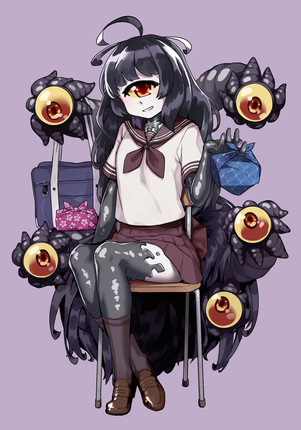 1girl ahoge alternate_costume bag black_hair brown_footwear brown_legwear brown_sailor_collar brown_skirt chair commentary commission crossed_legs gazer_(monster_girl_encyclopedia) grin head_tilt highres loafers long_hair looking_at_viewer monster_girl monster_girl_encyclopedia obentou pleated_skirt red_eyes sailor_collar school_bag school_uniform sharp_teeth shirt shoes short_sleeves single_eye sitting skirt smile socks solo teeth very_long_hair viroa white_shirt