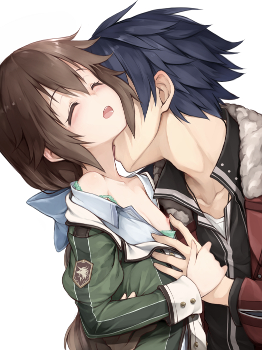 1boy 1girl black_hair blue_bow bow breasts brown_hair closed_eyes coat collarbone couple dress_shirt eiyuu_densetsu fur-trimmed_coat fur_trim green_jacket grey_shirt hair_bow hakuleg hetero jacket kiss long_hair long_sleeves neck_kiss nipple_tweak off_shoulder open_clothes open_coat open_mouth open_shirt ponytail rean_schwartzer red_coat sen_no_kiseki shirt simple_background small_breasts spiked_hair towa_herschel very_long_hair white_background