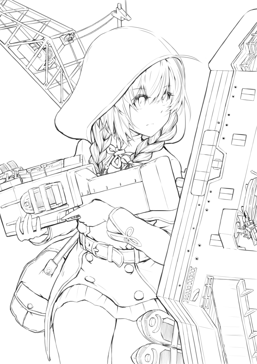 1girl bag braid capelet commentary_request cowboy_shot crane dress gun highres hood hooded_capelet kantai_collection lineart looking_to_the_side machinery monochrome pleated_dress rigging shinshuu_maru_(kantai_collection) short_dress simple_background solo twin_braids weapon zombie_mogura