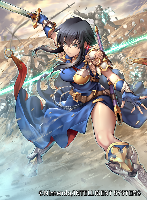 1girl armor belt black_eyes black_hair blue_gloves company_name copyright_name dress earrings fingerless_gloves fire_emblem fire_emblem:_genealogy_of_the_holy_war fire_emblem_cipher gloves holding holding_sword holding_weapon i-la jewelry larcei_(fire_emblem) official_art parted_lips scabbard sheath short_hair sidelocks sword weapon