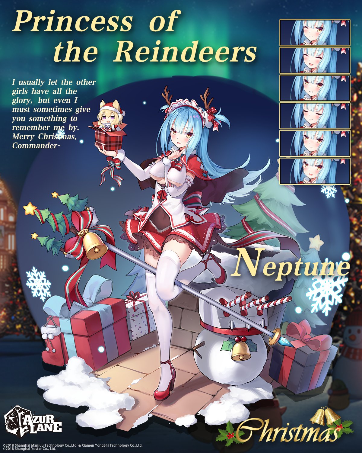 2girls antlers azur_lane blue_hair blush breasts capelet chibi copyright_name detached_sleeves english_commentary english_text expressions hair_ears headgear highres kaede_(003591163) medium_breasts multiple_girls neptune_(azur_lane) neptune_(princess_of_the_reindeers)_(azur_lane) official_art polearm red_capelet red_skirt reindeer_antlers scarf skirt thighhighs tongue tongue_out trident two_side_up underboob warspite_(azur_lane) weapon white_legwear white_scarf white_sleeves