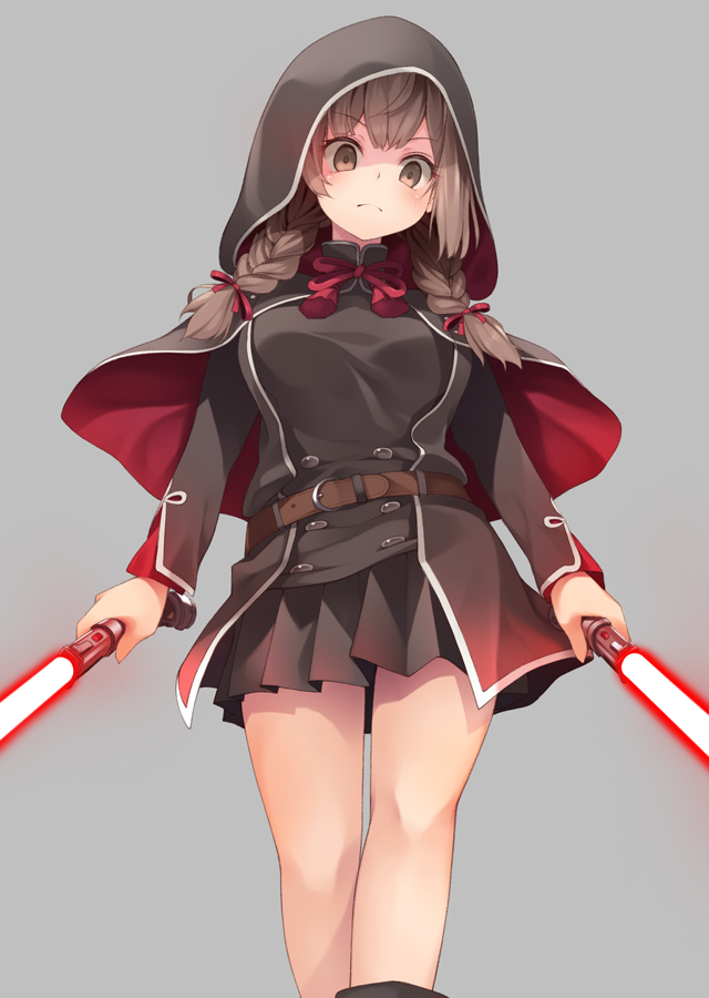 1girl belt boots bow braid breasts brown_belt brown_eyes closed_mouth dual_wielding energy_sword from_below frown grey_background grey_jacket grey_skirt holding jacket kantai_collection lightsaber looking_at_viewer medium_breasts mofu_namako pleated_skirt red_bow shaded_face shinshuu_maru_(kantai_collection) simple_background sith skirt solo star_wars sword twin_braids weapon