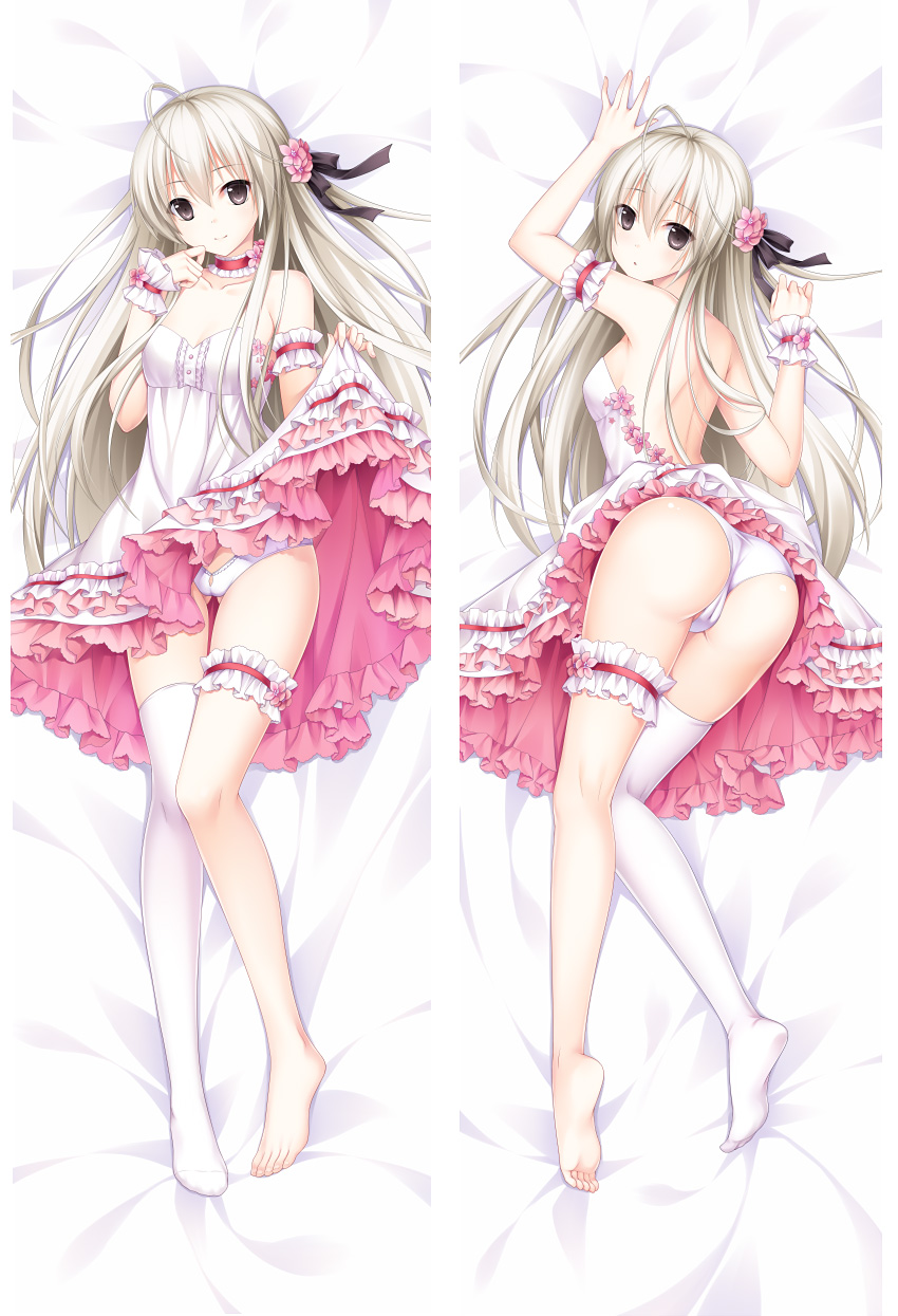1girl ahoge alternate_costume asymmetrical_legwear backless_dress backless_outfit bangs barefoot bed_sheet black_ribbon breasts brown_eyes cameltoe cleavage dakimakura dress dress_lift eyebrows_visible_through_hair floating_hair flower frilled_dress frills from_above full_body hair_between_eyes hair_flower hair_ornament hair_ribbon highres kasugano_sora lifted_by_self long_hair looking_at_viewer lying on_back on_stomach panties pink_flower ribbon shoulder_blades silver_hair single_thighhigh sleeveless sleeveless_dress small_breasts strapless strapless_dress summer-d_(dodojune) thigh_strap thighhighs underwear variations very_long_hair wedding_dress white_dress white_legwear white_panties wrist_cuffs yosuga_no_sora