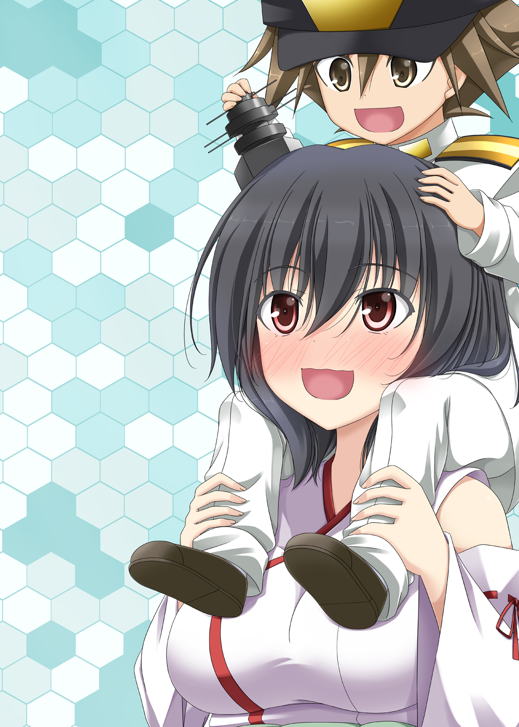 1boy 1girl black_hair blue_background blush brown_hair carrying commentary_request detached_sleeves hair_ornament hat highres honeycomb_(pattern) honeycomb_background kantai_collection little_boy_admiral_(kantai_collection) military military_uniform naval_uniform open_mouth rappa_(rappaya) red_eyes short_hair shoulder_carry smile spiked_hair uniform wavy_mouth wide_sleeves yamashiro_(kantai_collection)