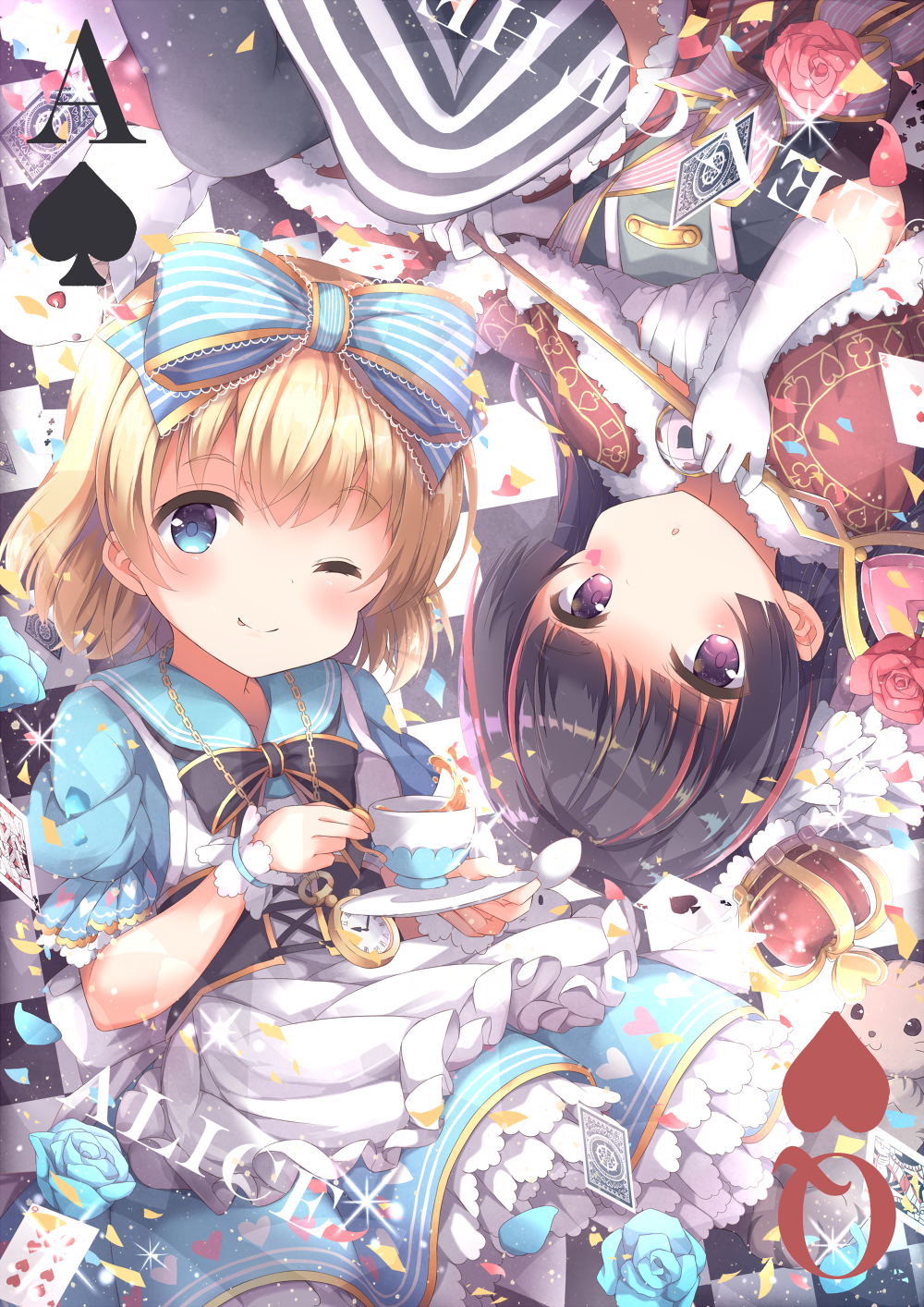 2girls :o ;) alice_(wonderland) alice_in_wonderland apron bangs black_hair black_legwear black_neckwear blonde_hair blue_bow blue_dress blue_eyes blue_flower blue_rose bow bowtie bunny capelet card card_(medium) cat character_name commentary_request corset crown crown_removed cup dress elbow_gloves facial_mark flower frilled_apron frills fur-trimmed_capelet fur_trim gloves hair_bow heart highres holding_scepter looking_at_viewer mismatched_legwear multicolored_hair multiple_girls niwasane_(saneatsu03) one_eye_closed petals pink_flower pink_ribbon pink_rose playing_card pocket_watch purple_eyes queen_of_hearts red_capelet red_hair ribbon rose sailor_dress scepter short_hair short_sleeves smile sparkle streaked_hair striped striped_bow striped_legwear striped_ribbon tea teacup thighhighs vertical-striped_legwear vertical_stripes watch white_apron white_gloves wrist_cuffs