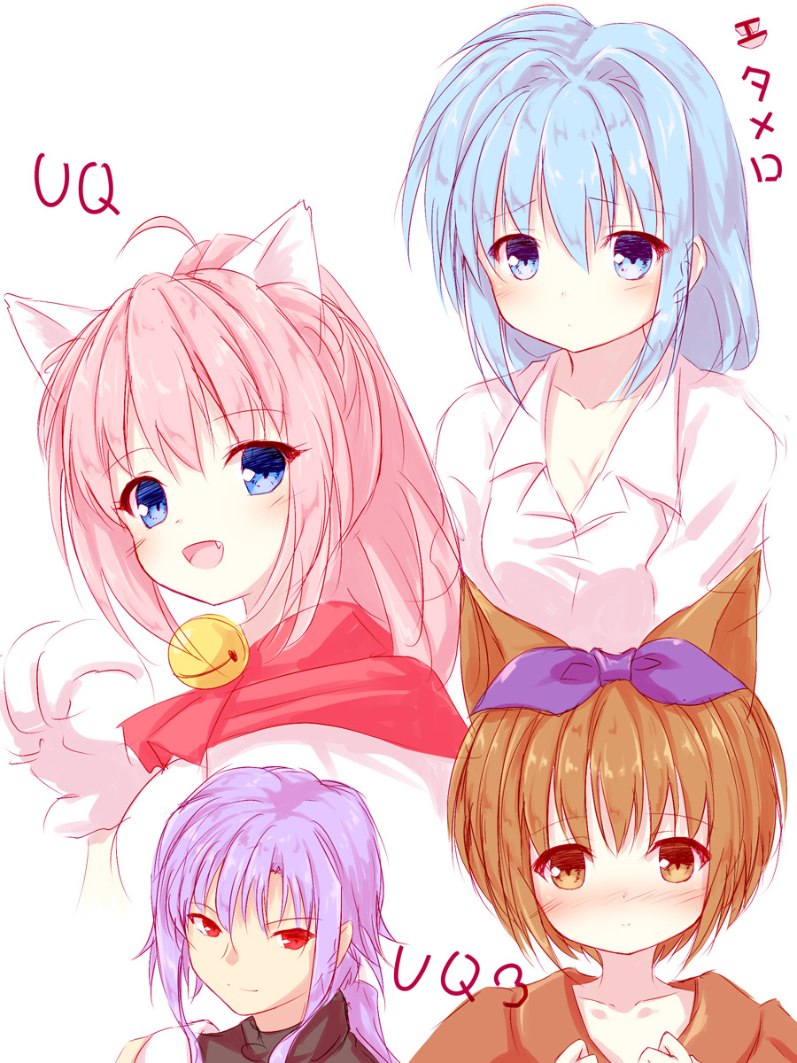 4girls :d animal_ears bangs bell blue_eyes blue_hair blush breasts brown_eyes brown_hair brown_shirt cat_ears character_request cleavage closed_mouth collarbone collared_shirt commentary_request dress_shirt eternal_melody eyebrows_visible_through_hair fang gloves hair_between_eyes hair_intakes hair_ribbon high_ponytail highres jingle_bell long_hair low_ponytail medium_breasts melody_sinclair multiple_girls nose_blush open_mouth paw_gloves paws pink_hair ponytail purple_hair purple_ribbon red_eyes ribbon sarasa_(yuukyuu_gensoukyoku) shirt short_hair sidelocks simple_background smile translation_request wendy_miseria white_background white_gloves white_shirt yuku_(kiollion) yuukyuu_gensoukyoku