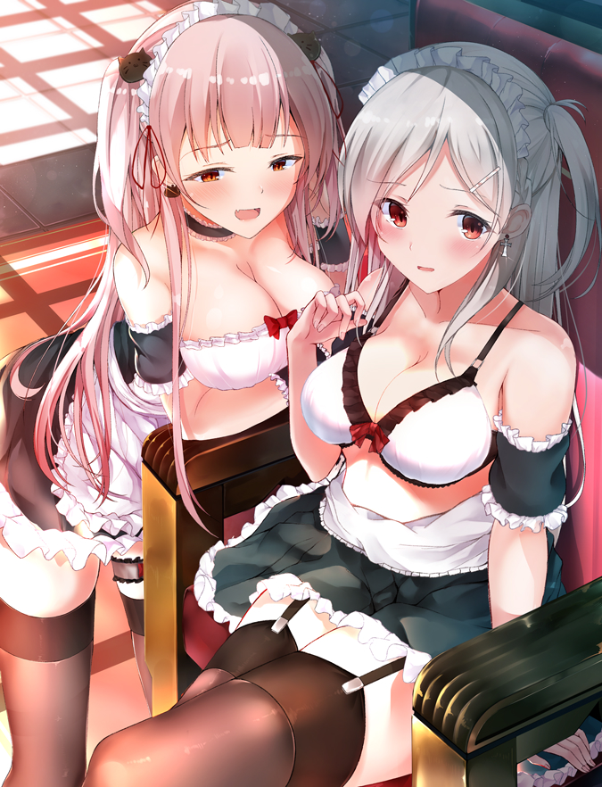 2girls :d apron bangs black_legwear blush breasts chair choker cleavage dress earrings eyebrows_visible_through_hair garter_straps hair_ornament hairclip hiragi_ringo indoors jewelry large_breasts leaning leg_garter long_hair looking_at_viewer maid maid_headdress multiple_girls one_side_up open_mouth original pink_hair red_eyes sidelocks silver_hair sitting skirt smile thighhighs