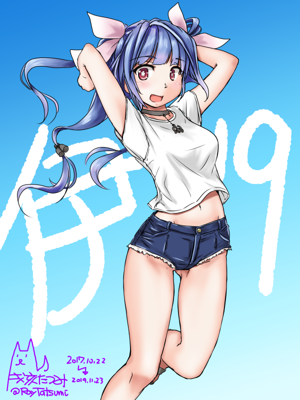 1girl alternate_costume blue_background blue_hair blue_shorts casual character_name commentary_request cutoffs dated denim denim_shorts gradient gradient_background hair_ribbon i-19_(kantai_collection) kantai_collection long_hair looking_at_viewer red_eyes ribbon shirt short_shorts shorts signature solo star star-shaped_pupils symbol-shaped_pupils t-shirt tatsumi_ray tri_tails twitter_username white_shirt