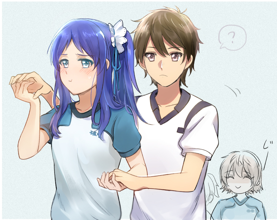 1girl 2boys :t ? aki_(neyuki41028) bangs blue_eyes blue_hair blue_ribbon blue_shirt brown_eyes brown_hair closed_mouth collarbone frown hair_ribbon hiradaira_chisaki isaki_kaname kihara_tsumugu long_hair multiple_boys nagi_no_asukara parted_bangs ribbon shiny shiny_hair shirt short_sleeves side_ponytail speech_bubble white_shirt