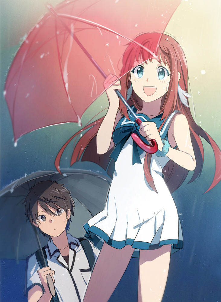 1boy 1girl :d aki_(neyuki41028) black_umbrella blue_background blue_eyes blue_sailor_collar blush brown_eyes brown_hair collarbone collared_shirt dress dress_shirt feathers floating_hair gradient gradient_background hair_feathers holding holding_umbrella kihara_tsumugu long_hair mukaido_manaka nagi_no_asukara open_mouth pleated_dress red_umbrella sailor_collar sailor_dress shiny shiny_hair shirt short_dress sleeveless sleeveless_dress smile transparent transparent_umbrella umbrella very_long_hair white_background white_dress white_feathers white_shirt wing_collar