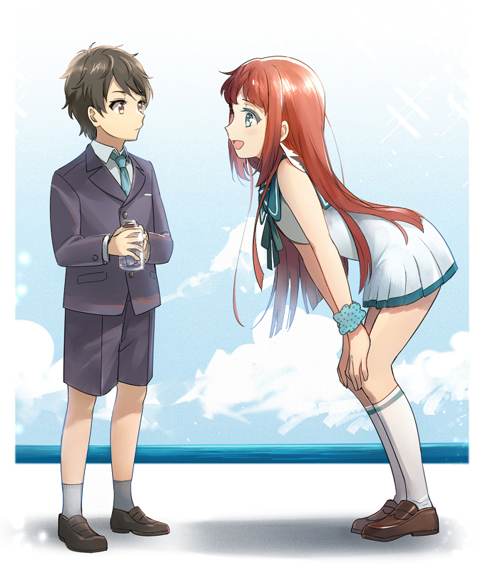 1boy 1girl aki_(neyuki41028) black_jacket black_shorts blue_eyes blue_neckwear blue_scrunchie brown_eyes brown_footwear brown_hair child collared_shirt dress eye_contact from_side full_body grey_legwear hands_on_own_knees holding jacket kihara_tsumugu kneehighs loafers long_hair long_sleeves looking_at_another mukaido_manaka nagi_no_asukara necktie pleated_dress polka_dot polka_dot_scrunchie sailor_dress scrunchie shiny shiny_hair shirt shoes short_dress shorts sleeveless sleeveless_dress socks straight_hair very_long_hair white_dress white_legwear white_shirt wing_collar wrist_scrunchie