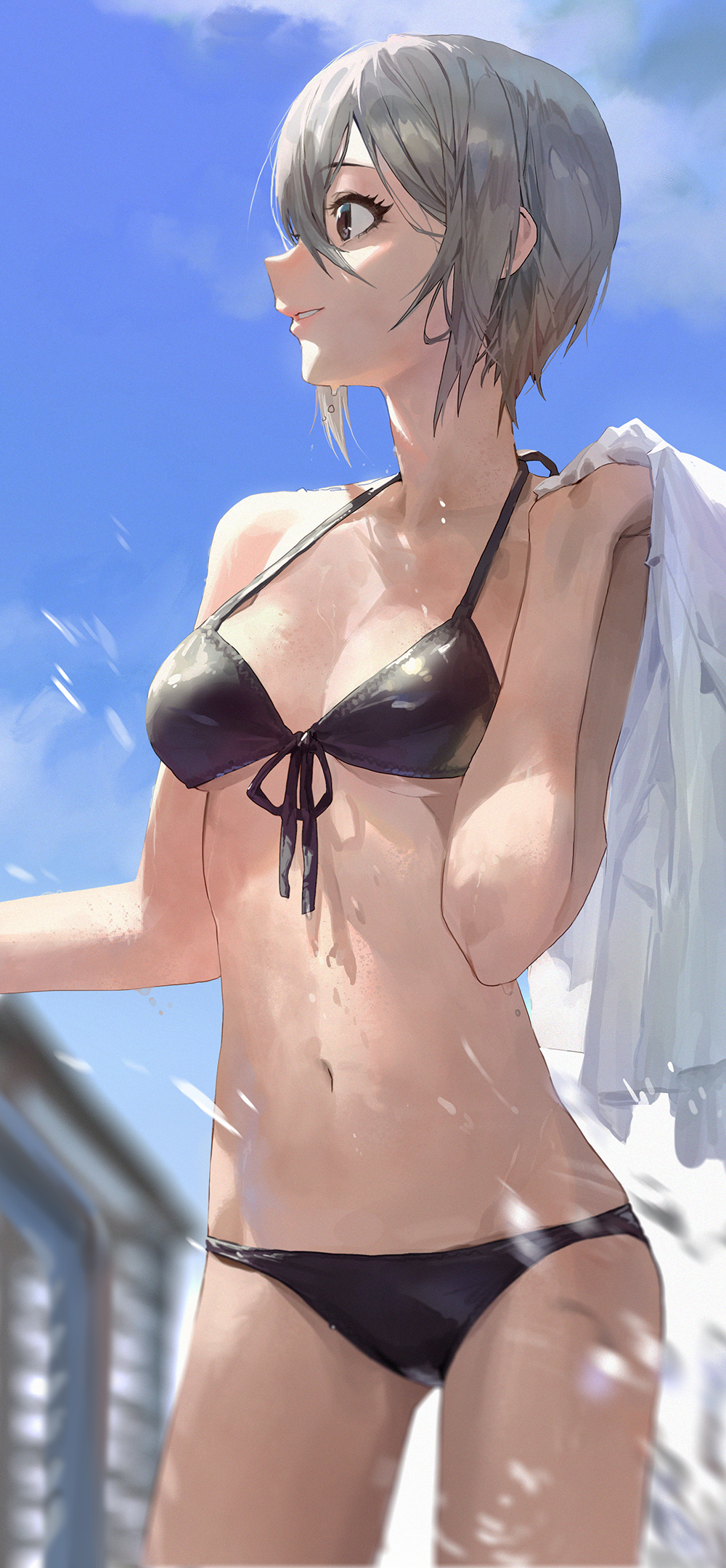 1girl backlighting bangs bare_shoulders bikini black_bikini black_eyes blue_sky breasts cowboy_shot eyebrows_visible_through_hair front-tie_bikini front-tie_top grey_hair hair_between_eyes halterneck highres holding holding_towel idolmaster idolmaster_cinderella_girls medium_breasts mossi navel outdoors parted_bangs parted_lips profile shiomi_shuuko short_hair sky smile solo splashing sunlight swimsuit towel water