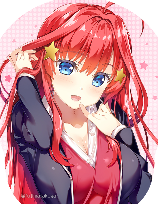 1girl ahoge arm_up bangs black_jacket blazer blue_eyes blush breasts cleavage collared_shirt commentary_request dress_shirt eyebrows_visible_through_hair fujima_takuya go-toubun_no_hanayome hair_between_eyes hair_ornament hand_up jacket long_hair long_sleeves looking_at_viewer medium_breasts nakano_nino open_blazer open_clothes open_jacket open_mouth pink_background red_hair red_vest shirt solo star star_hair_ornament twitter_username two-tone_background vest white_background white_shirt
