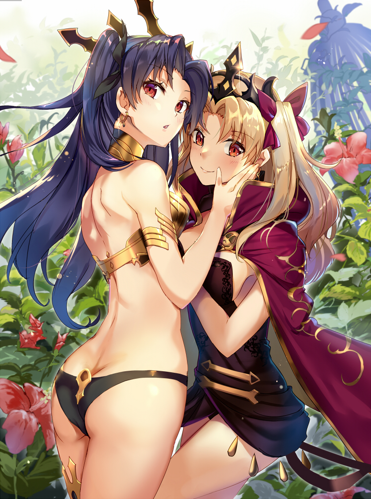 2girls armlet ass back bangs bare_shoulders black_bikini_bottom black_bow black_dress black_hair blonde_hair blush bow breasts cape closed_mouth dress earrings ereshkigal_(fate/grand_order) fate/grand_order fate_(series) flower gold_trim hair_bow hoop_earrings ishtar_(fate/grand_order) jewelry long_hair looking_at_viewer medium_breasts multiple_girls neck_ring open_mouth parted_bangs petals red_bow red_cape red_eyes renka_(renkas) short_dress smile tiara two_side_up white_bikini_top