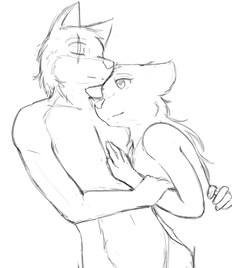 2014 anthro anthro_on_anthro black_and_white canid canine canis convenient_censorship cuddling duo ears_down eyes_closed female fingers fur hair iuana kurapika long_hair love male male/female mammal monochrome nude pivoted_ears raven_wolf romantic_couple scar short_hair simple_background sketch teddy_conner white_background wolf