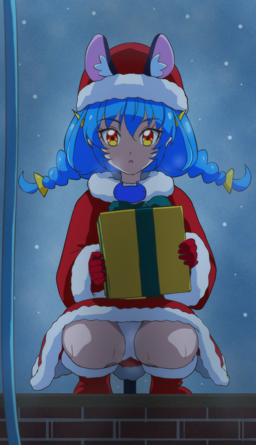 1girl :o animal_ears blue_cat blue_hair box braid cat_ears cat_tail christmas gift gift_box gloves haruyama_kazunori hat holding holding_box holding_gift orange_eyes panties pantyshot pantyshot_(squatting) precure red_gloves red_headwear santa_costume santa_hat short_hair solo squatting star_twinkle_precure tail twin_braids underwear white_panties yuni_(precure)